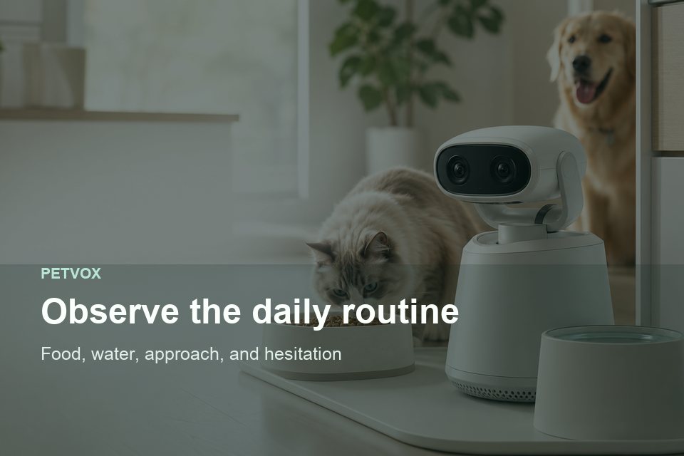 A calm feeding-area scene illustrating routine observation around food and water.