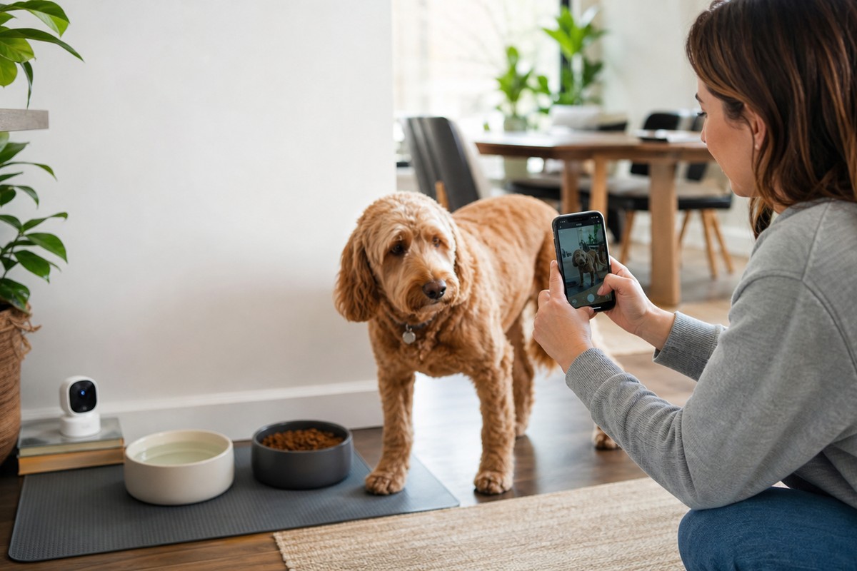 Owner calmly recording a dog near food and water bowls with a small home pet monitor nearby.