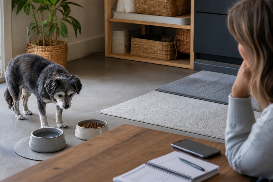 Owner observing a dog near bowls while preparing notes before a vet conversation.