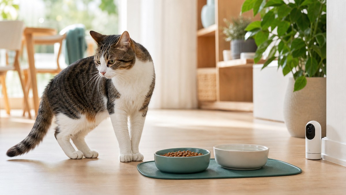 A cat pauses near food and water bowls with a small home monitoring device nearby.