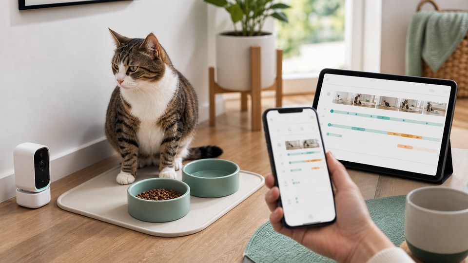 Pet parent reviewing short feeding-area behavior clips while a cat sits near food and water.
