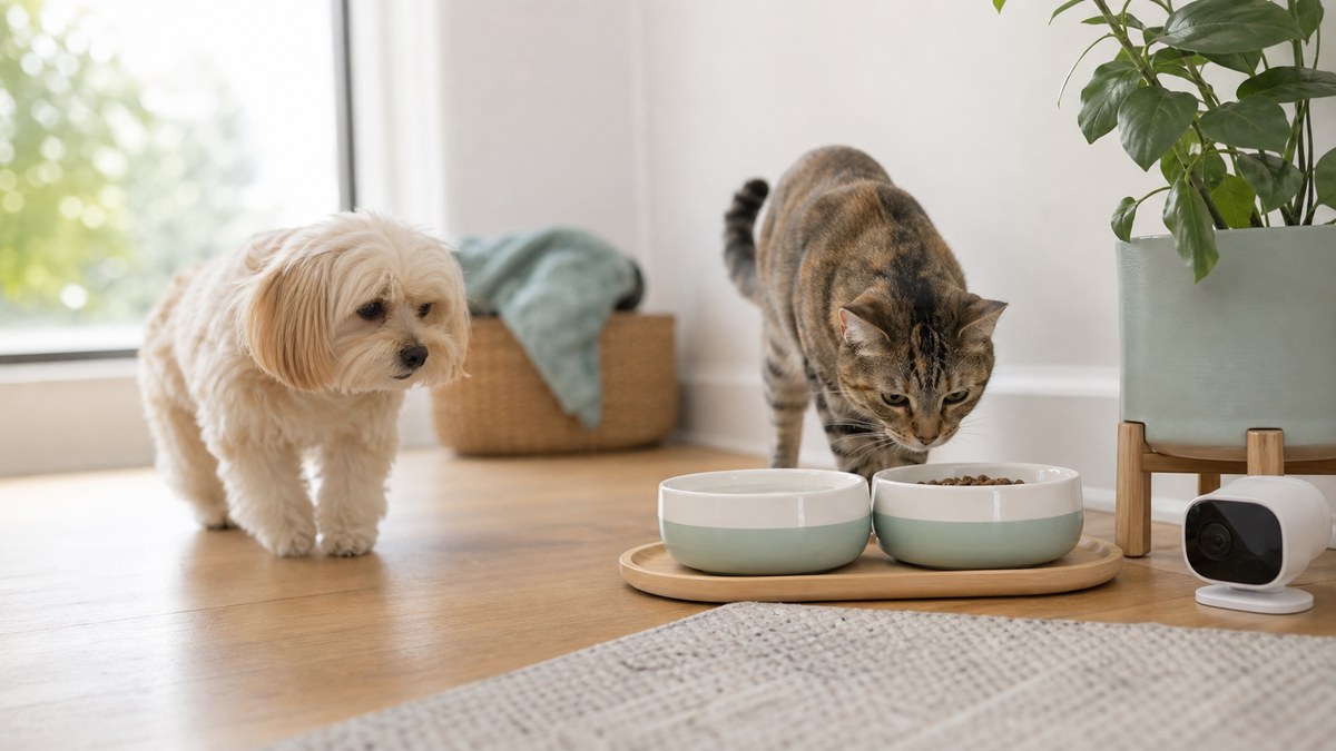 PETVOX feeding-area behavior monitor concept near pet bowls, used as a guide image for daily routine changes.