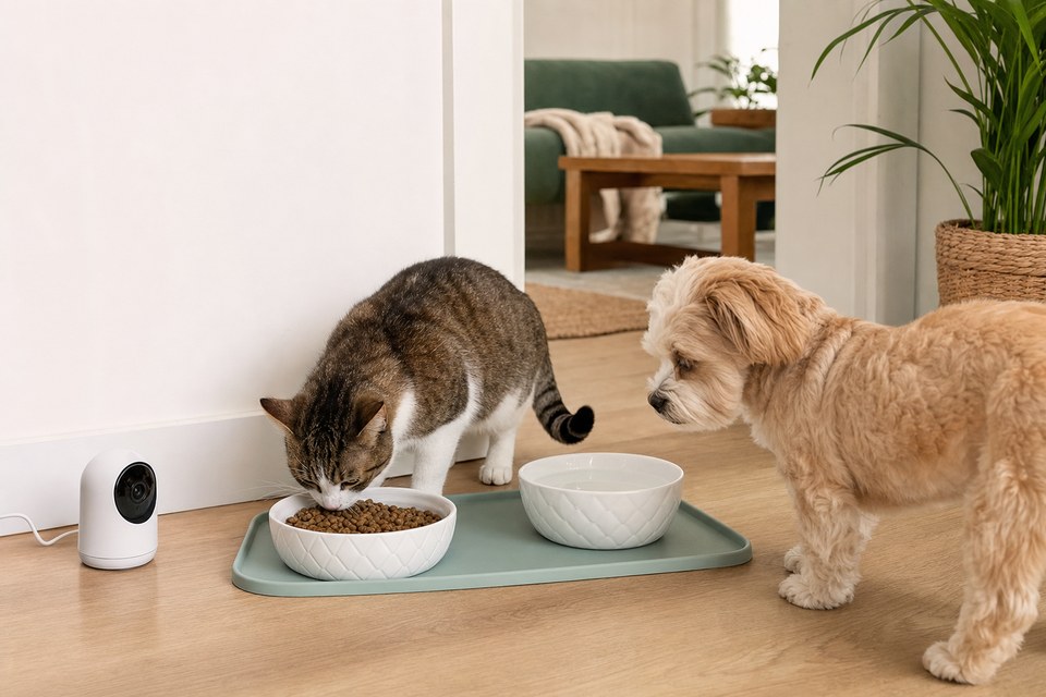 A calm feeding-area scene illustrating routine observation around food and water.