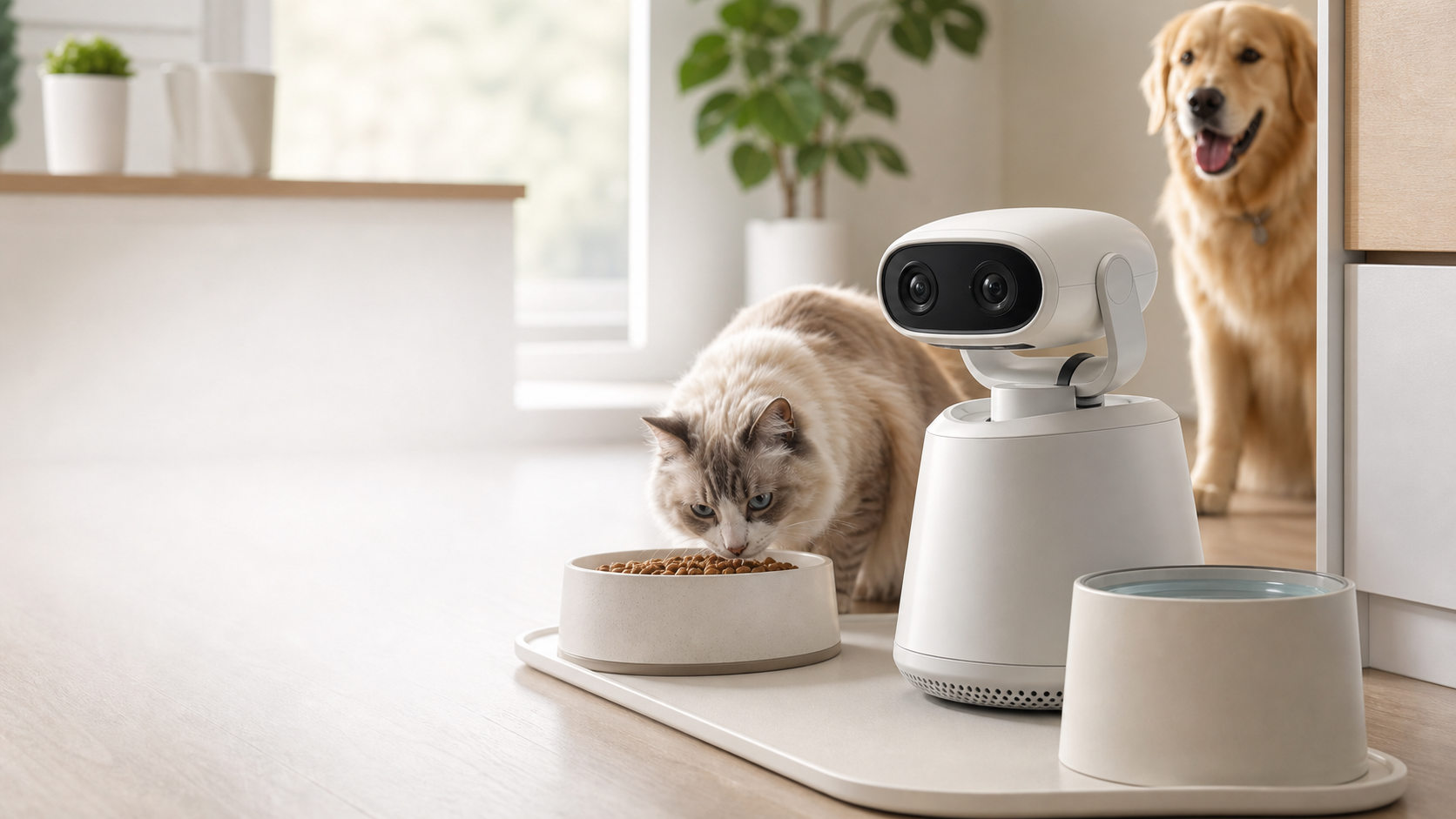 PETVOX horizontal dual-camera behavior monitor in a shared cat and dog feeding area